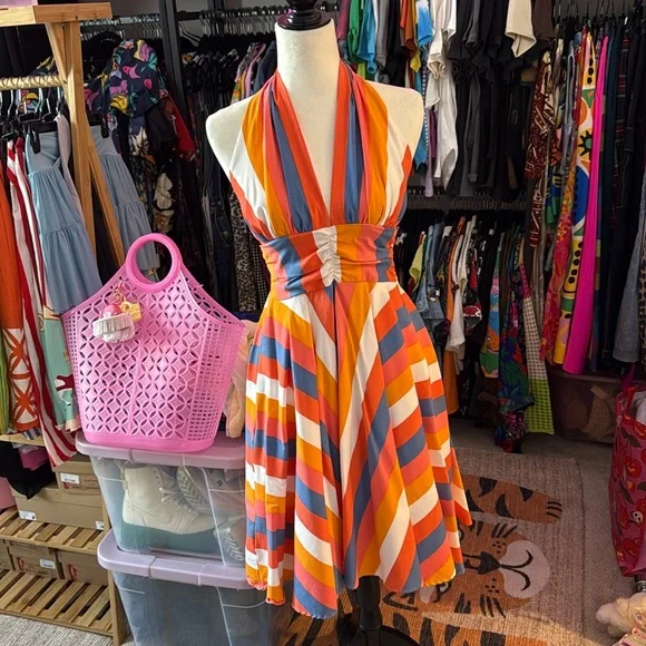 Retro Striped Pin Up Bettie Page Halter Dress - Picture 1 of 5